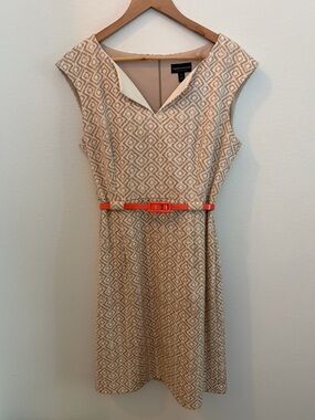 connected apparel Beige Diamond-Print Sleeveless Midi Dress with Coral Belt